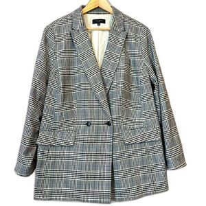 Talbots Glen Plaid Blazer Jacket Black White 16W Academia Career Double Breasted